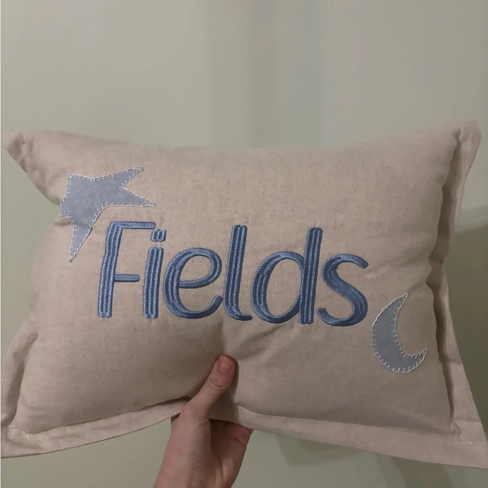 Beige Pillow with Blue Embroidery “Fields”